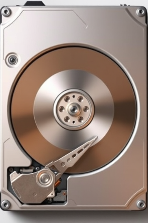 Create a high-resolution digital illustration of a hard drive with a glossy finish, top-down view, 50mm lens, f/8 aperture, 1/125 sec exposure, natural lighting, 300 DPI.