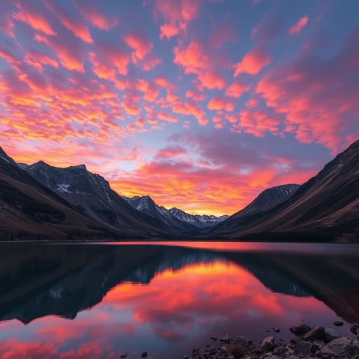 Generate an image of a serene mountain landscape at sunrise, with vibrant colors in the sky reflecting on a calm lake, using a Canon EOS R5, 24mm lens, aperture f/8, shutter speed 1/60 sec, ISO 100, wide-angle view, and a vibrant color profile.