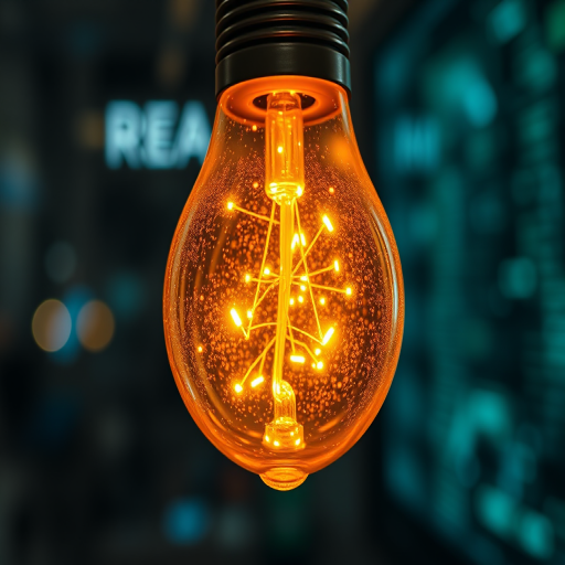 Create a close-up of a glowing lightbulb filled with intricate circuitry and glowing nodes, set against a blurred high-tech background, HDR, f/1.8 aperture, ISO 100, 50mm lens, taken with a DSLR camera at a low angle for depth.