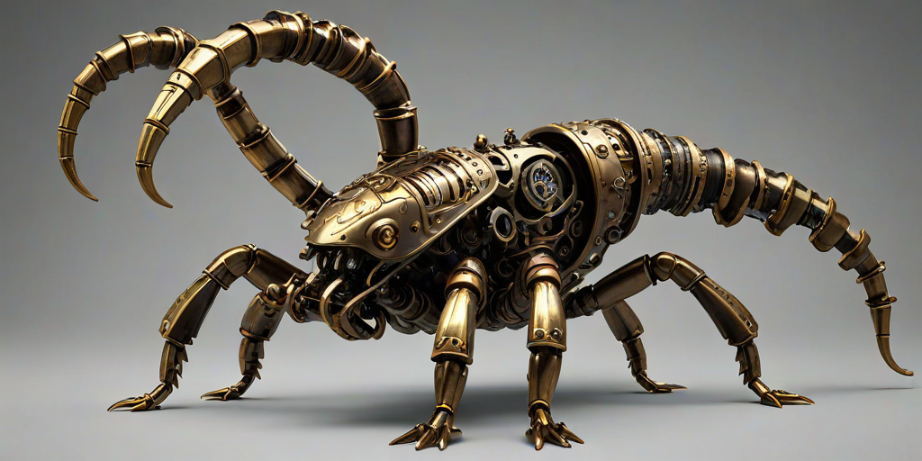 Create a high-intensity, high-resolution image of a steampunk scorpion, featuring intricate clockwork mechanisms and brass gears. The scorpion should have metallic limbs with elaborate jointed segments, showcasing a blend of Victorian-era aesthetics and futuristic technology. The body should be adorned with cogwheels, pistons, and small steam vents emitting a subtle mist, the front pinchers should up up and open. Capture the scene with dramatic lighting to emphasize the mechanical details, giving it a sense of motion and life