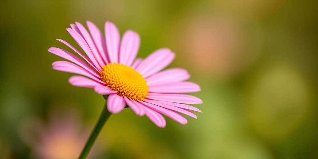 macro shot of a single pink daisy with a yellow center, soft bokeh background, aperture f/2.8, shutter speed 1/250s, ISO 100, taken with a DSLR camera from a slightly above angle, natural light