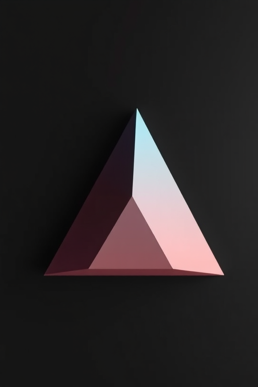 create a 3D abstract geometric shape with a gradient triangle design on a solid black background, camera settings f/8, ISO 100, shutter speed 1/60, wide-angle view, use a digital SLR camera style for enhanced clarity and detail