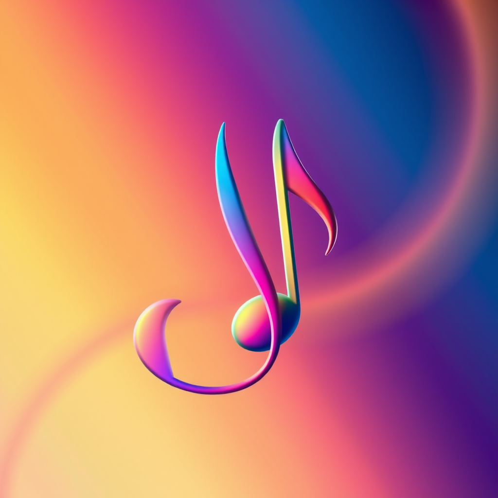 Create a vibrant illustration of two colorful musical notes overlapping on a gradient background, captured with a DSLR camera, 50mm lens, f/1.8 aperture, ISO 100, and a macro view to enhance details and colors.
