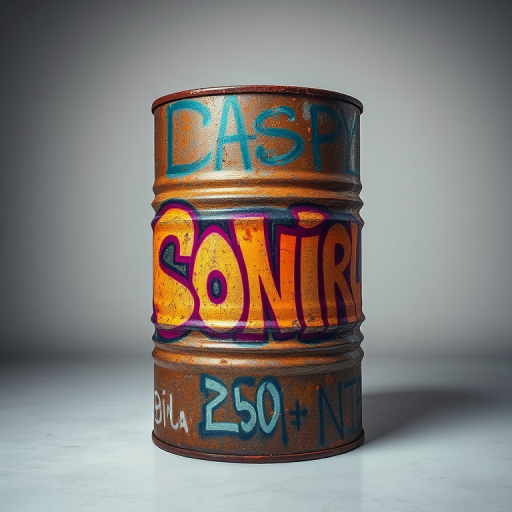 Capture a rusty metal barrel with vibrant graffiti against a plain background, use a 50mm lens, aperture f/1.8, shutter speed 1/200s, ISO 100, in a studio setting with softbox lighting for enhanced detail and color saturation.