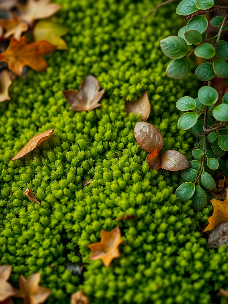 macro shot of vibrant green moss surrounded by autumn leaves and ivy, soft focus background, natural light, f/2.8, 1/200s, ISO 100, 50mm lens, DSLR camera, overhead perspective