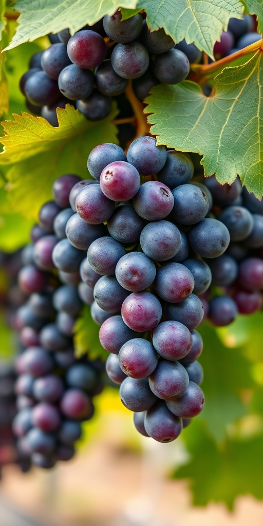 close-up shot of lush purple grapes hanging on a vine with vibrant green leaves, DSLR camera, f/2.8 aperture, ISO 100, 50mm lens, natural lighting, shallow depth of field, vivid colors
