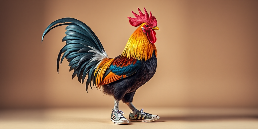 Create an image of a stylized rooster wearing colorful sneakers, shot with a Canon EOS R5 at f/2.8, ISO 100, 1/125 sec, in a studio setting with soft lighting and a neutral background for enhanced detail and depth.
