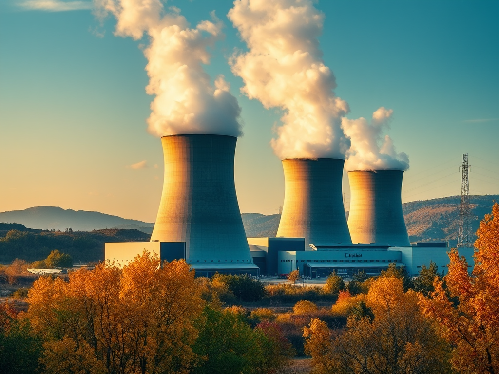 Regenerate an image of a nuclear power plant with cooling towers emitting steam, autumn trees in the foreground, captured with a DSLR camera, 50mm lens, f/8 aperture, ISO 100, natural lighting, wide-angle view, high dynamic range.