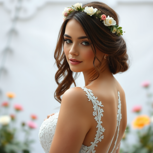 Garden scene, bridal model, delicate lace gown, floral headpiece, soft romantic focus, high-key lighting and an 85mm lens for soft, even tones that highlight the model’s face and bright outfit against a white or light background