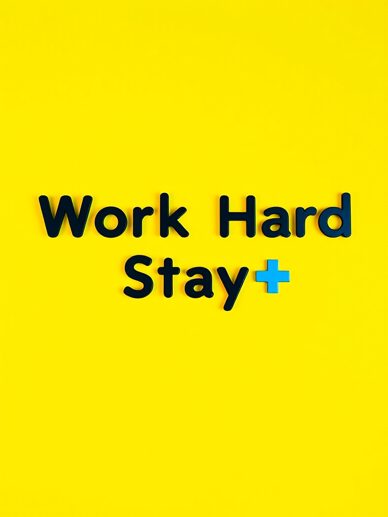 Create an image featuring the phrase "Work Hard Stay+" in a modern, playful font against a bright yellow background, using a Canon EOS R6 camera with a 50mm lens at f/1.8, ISO 100, and a shutter speed of 1/200s for crisp detail and vibrant color.
