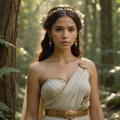 Create a portrait of a goddess-like Inca girl figure in a tranquil, forested environment. She has an elegant appearance with long, wavy hair styled in an updo and adorned with a delicate, floral headband. She wears a flowing, ancient Greek-inspired gown in a soft, pale color, featuring a one-shoulder design and draped fabric that accentuates her graceful form. The outfit includes a decorative belt with ornate gold detailing, and she holds a bow in her hand, with a quiver of arrows slung over her shoulder. The background depicts lush greenery, with sunlight filtering through the trees, casting a gentle, ethereal light on the scene. Her expression is calm and contemplative, embodying a sense of wisdom and serenity.