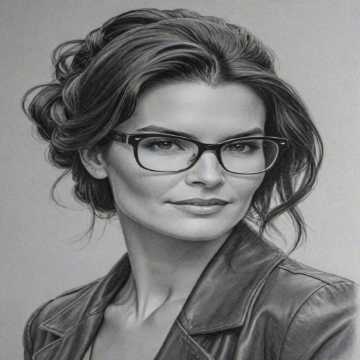 Exquisite Angie Harmon, pencil sketch, portrait of Beauteous woman 1948s in glasses, hair style beatnik, outline, clear lines, fine lines, 8k