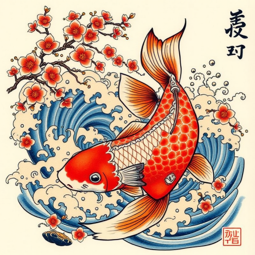 Traditional Japanese irezumi tattoo named "Koi Ascension" featuring a large, colorful koi fish swimming upstream through swirling waves and cherry blossoms, symbolizing perseverance and transformation in a bold and timeless style