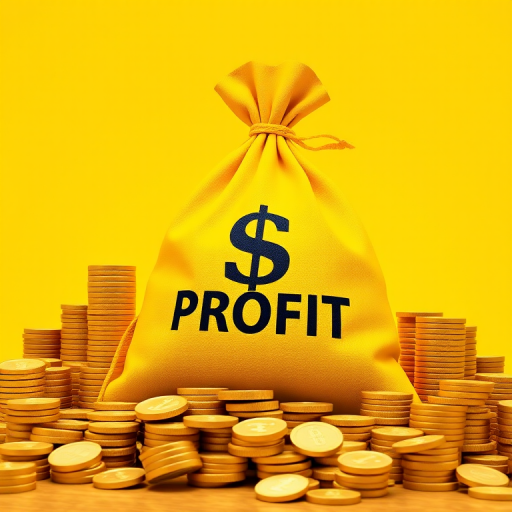 Generate an image of a large yellow money bag with a dollar sign and the word "PROFIT" prominently displayed on it, surrounded by stacks of gold coins, captured in high resolution using a DSLR camera set to f/1.8 aperture, ISO 100, and a 50mm lens at eye level with a bright, well-lit background.