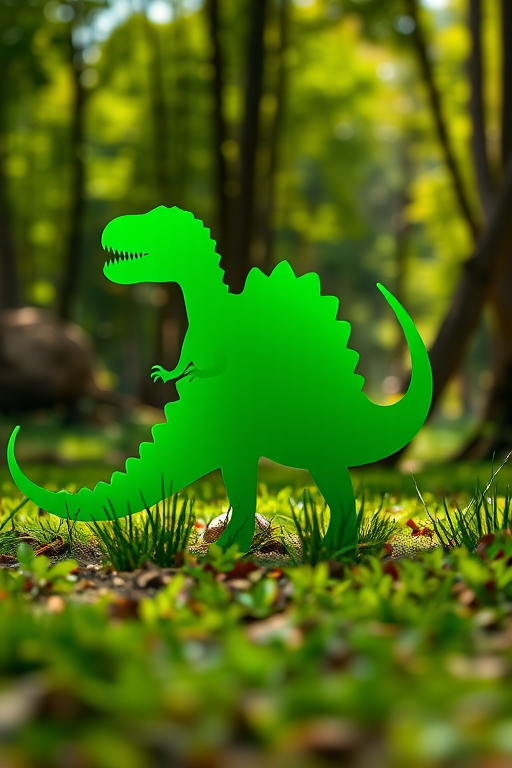 Create a high-resolution image of a green dinosaur silhouette in a natural outdoor setting using a DSLR camera at f/8 aperture, 50mm lens, ISO 100, and a wide-angle view to enhance depth and clarity.