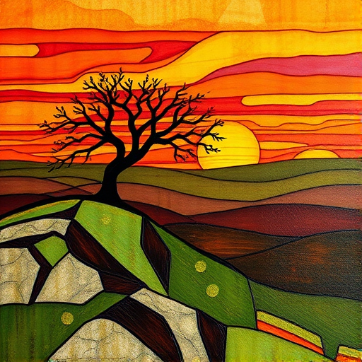 A vibrant abstract painting on Tiffany Glass, blending acrylic and alcohol ink techniques, captures a dramatic sunset over rolling hills. The artwork features a textured, rocky foreground in green and brown, layered abstract hills, and a striking sunset in rich oranges, yellows, and reds. A solitary black tree with intricate branches contrasts against the fiery sky, creating a dynamic and expressive portrayal of a breathtaking natural scene.