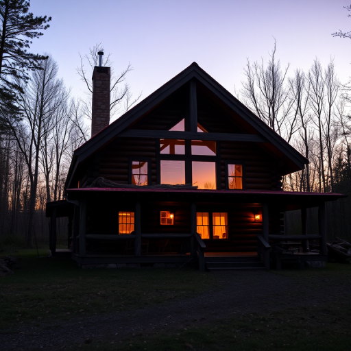 log cabin at twilight with warm light glowing from windows, ISO 100, f/2.8, 1/60 sec, taken with a DSLR camera from a frontal view, using a wide-angle lens for enhanced depth and detail.