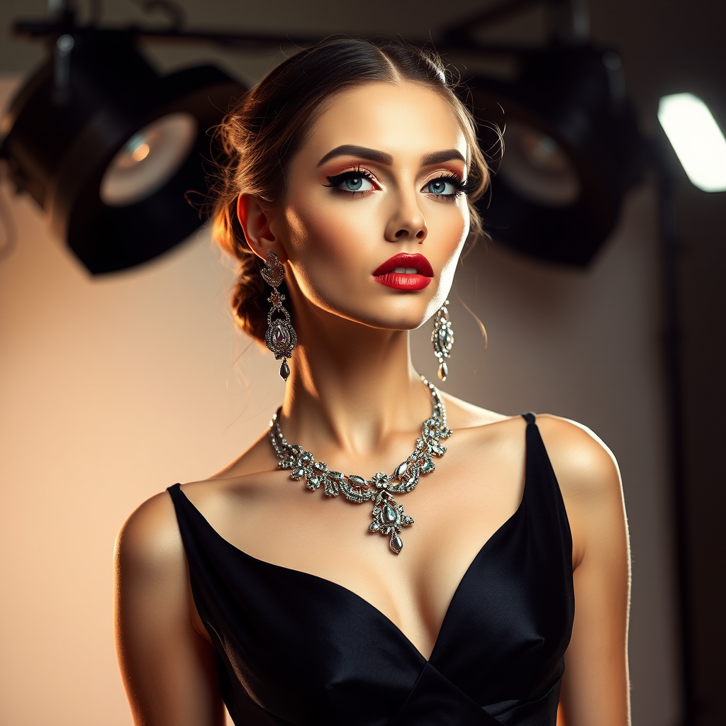 Studio portrait, female model, elegant couture dress, bold makeup, dramatic lighting, Shoot over the shoulder using a telephoto lens to focus on small details like jewelry, makeup, or fabric textures