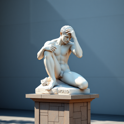 Generate a highly detailed 3D render of a contemplative nude male sculpture sitting on a stone pedestal, captured with a Canon EOS 5D Mark IV using a 50mm f/1.4 lens at ISO 100, aperture f/8, and a shutter speed of 1/125 sec, in soft natural lighting from the side to emphasize textures and shadows.