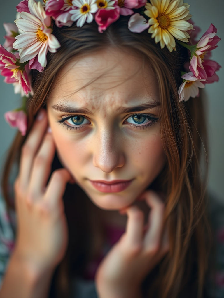 portrait of a distressed young woman with flowers and petals around her head, soft focus, 50mm lens, f/1.8 aperture, ISO 100, shallow depth of field, natural light, high dynamic range imaging