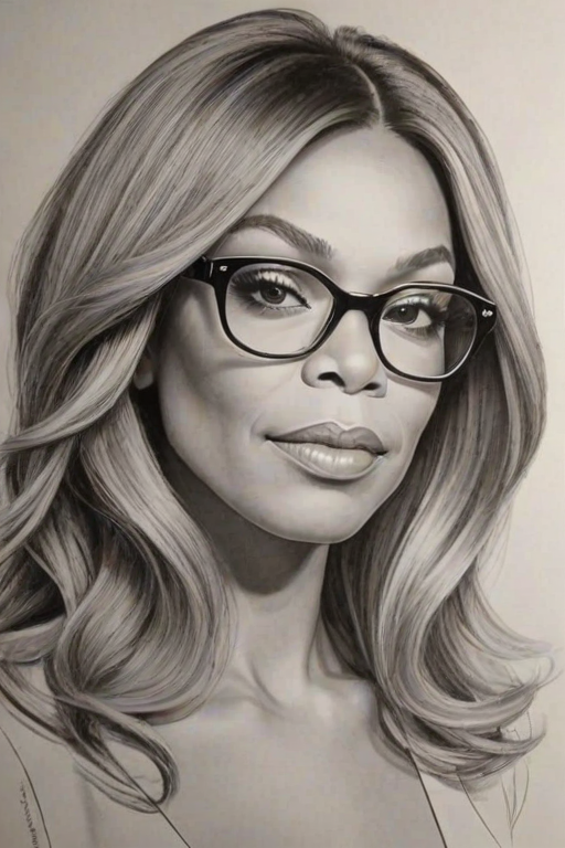 Elegant Wendy Williams, pencil sketch, portrait of Stunning woman 1973s in glasses, hair style beatnik, outline, clear lines, fine lines, 8k