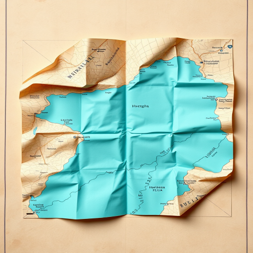 Create a high-quality digital illustration of an unfolded map with a bright turquoise color, using a DSLR camera with a 35mm lens, aperture f/2.8, ISO 100, in a flat lay view, focusing on the textures and details of the map.