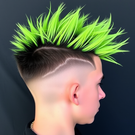Edgy undercut with long, neon green top layers styled in tousled spikes, featuring shaved patterns on the sides in the rebellious "Cyber Punk" haircut