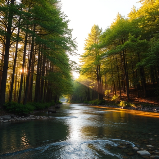 Create an image of a serene, sunlit forest scene with a clear, gently flowing river. Tall trees with lush green foliage line both sides of the river, their leaves bathed in the warm golden light of the setting or rising sun. The sunlight filters through the trees, casting soft, dappled light on the river, which flows over smooth rocks and pebbles, creating a peaceful, natural atmosphere. The sky is bright with a few scattered clouds, and the overall mood is tranquil, evoking a deep sense of connection with nature. The image captures the beauty of a calm, pristine forest landscape at either dawn or dusk.