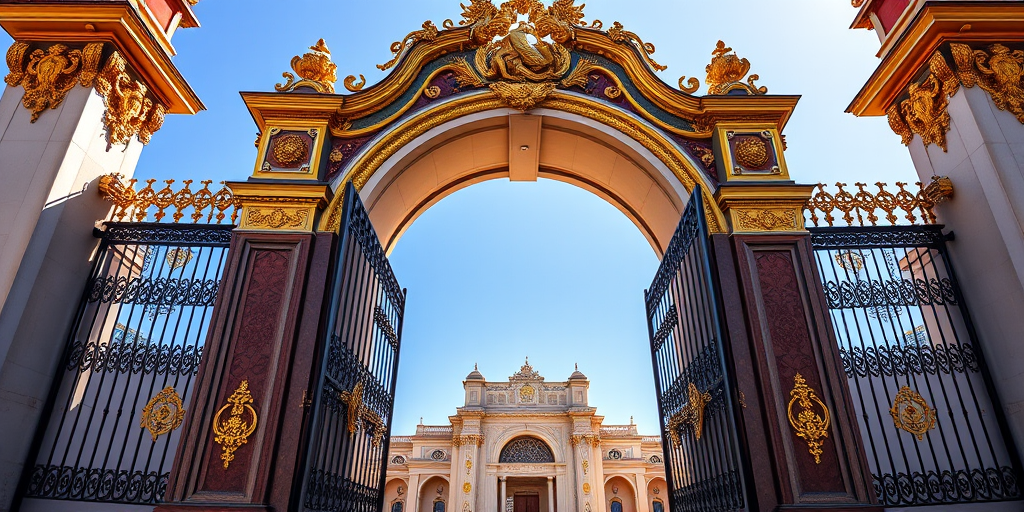 Generate a high-resolution image of an ornate gate with intricate gold details and a grand archway, captured with a DSLR camera, 50mm lens, f/1.8 aperture, ISO 100, and natural sunlight, featuring a frontal view that showcases the gate's architectural beauty against a clear blue sky.