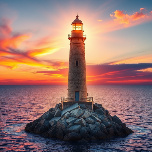 Generate an image of a tall lighthouse perched on a rocky outcrop surrounded by calm ocean waters during a breathtaking sunset. The lighthouse stands sturdy and weathered, its stone surface illuminated by the warm golden light of the setting sun. The sun's rays pass directly through the glass lantern room at the top of the lighthouse, casting a brilliant light across the scene. The sky is painted with vibrant shades of orange, pink, and purple, reflecting off the tranquil sea. The surrounding water shimmers with the same warm hues, creating a serene and majestic atmosphere.