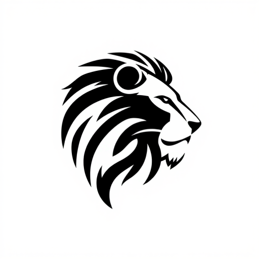 Generate a high-quality illustration of a sleek, modern logo featuring a stylized lion's head in profile view, designed with a minimalist approach, using a Canon EOS R5 camera with a 50mm f/1.2 lens, aperture set to f/2.8, ISO 100, and soft natural lighting to enhance the intricate details and textures.