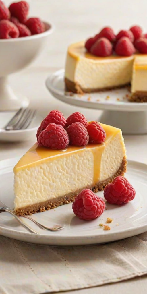 Create an image of a creamy cheesecake with a golden-brown top and a smooth texture. The cheesecake should be partially sliced to show its rich interior, and it should be garnished with fresh raspberries on top. The background should be simple and neutral to emphasize the dessert.