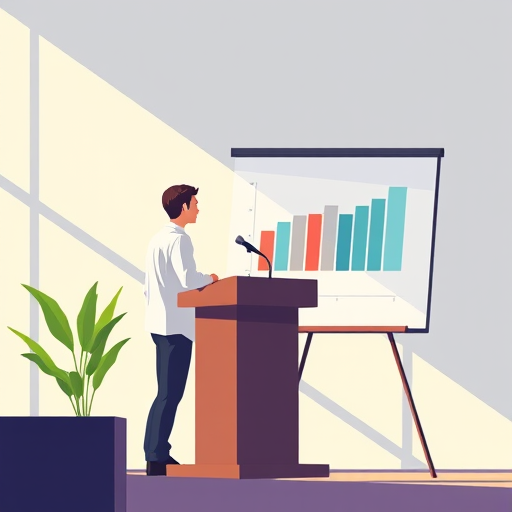 create a digital illustration of a speaker at a podium with a chart on a presentation board, using a Canon EOS R5 camera, 50mm lens, f/1.8 aperture, ISO 100, natural lighting, with a minimalistic and modern background