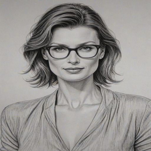 Wonderful Bridget Moynahan, pencil sketch, portrait of Ravishing woman 1979s in glasses, hair style beatnik, outline, clear lines, fine lines, 8k