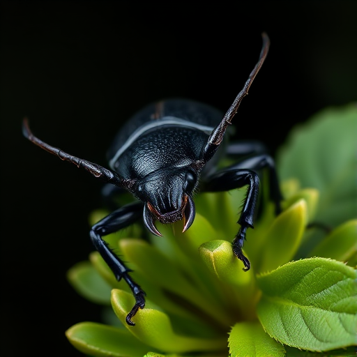 Close-up of a rhinoceros beetle on green foliage, shot with a macro lens at f/8 aperture, ISO 100, 1/200s shutter speed, centered composition, natural light with a dark background, high-resolution DSLR camera.