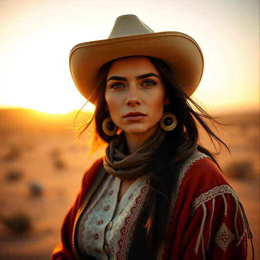 Dramatic photo of a beautiful Turkmen woman, classic cowboy attire, confident and free spirit expression, half-length portrait, centered, golden hour desert landscape, warm, diffused light, low angle, medium format film camera, in style of Annie Leibovitz.