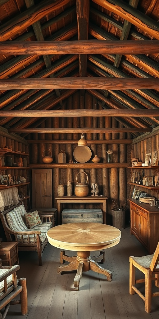 regenerate an image of a rustic interior of a cozy hut with wooden beams and a central round table, warm lighting, featuring handcrafted wooden furniture and various handmade items placed on shelves, captured with a DSLR camera at f/2.8 aperture, ISO 400, 35mm focal length, using a wide-angle lens for a spacious view and enhanced detail in a natural, soft light setting.