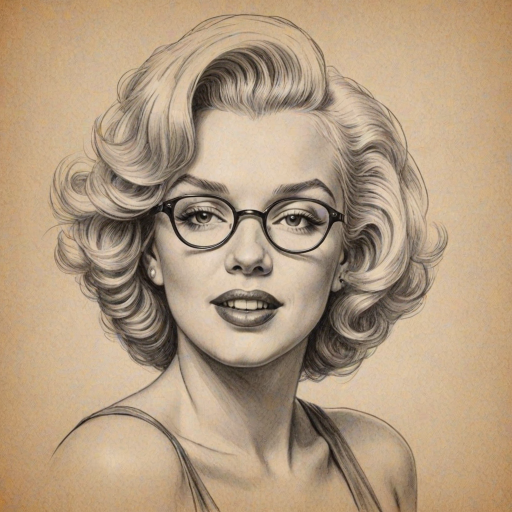 Bewitching Marilyn Monroe, pencil sketch, portrait of Elegant woman 1921s in glasses, hair style beatnik, outline, clear lines, fine lines, 8k