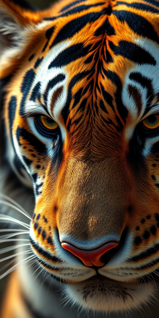 Create a highly detailed digital illustration of a tiger's face, focusing on realistic textures and colors, using a Canon EOS 5D Mark IV with a 100mm f/2.8 macro lens, set to f/8 for depth of field, ISO 200 for low noise, and shot in natural light to enhance vibrancy and clarity.