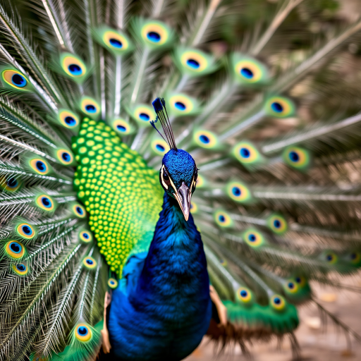 Peacock displaying its feathers in vibrant colors, captured with a Canon EOS R5, 85mm lens, f/2.8 aperture, ISO 100, 1/200 sec shutter speed, in shallow depth of field for emphasis on details and blurred background.