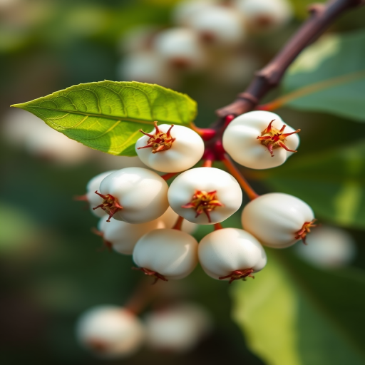 Create a high-resolution illustration of a cluster of white berries with a green leaf, using a Canon EOS R5 camera, f/2.8 aperture, 50mm lens, and natural lighting for enhanced detail and clarity.