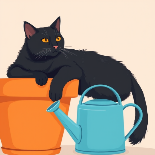 Create an illustration of a black cat lounging over the edge of an orange flower pot next to a blue watering can, with a minimalist style and a soft pastel background, using a DSLR camera with f/4 aperture, 50mm lens, and a shallow depth of field to enhance the colors and details.