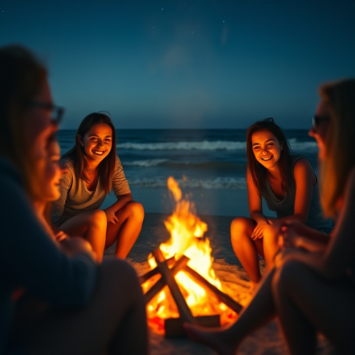 Blurry candid shot of a group of friends laughing around a bonfire on the beach, soft orange light from the flames illuminating their faces, with distant waves gently lapping at the shore under a starry sky.
