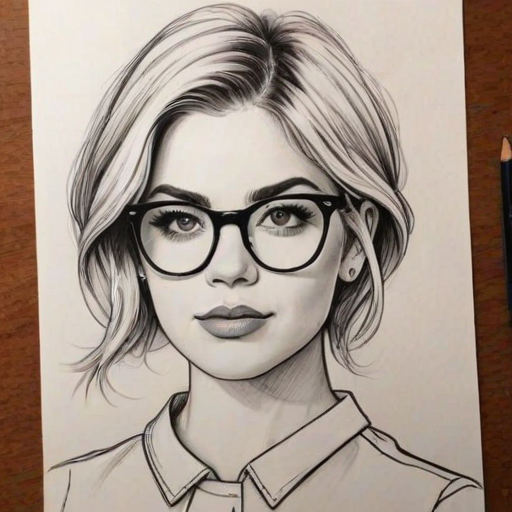 Lovely Ashley Benson, pencil sketch, portrait of Attractive woman 1960s in glasses, hair style beatnik, outline, clear lines, fine lines, 8k