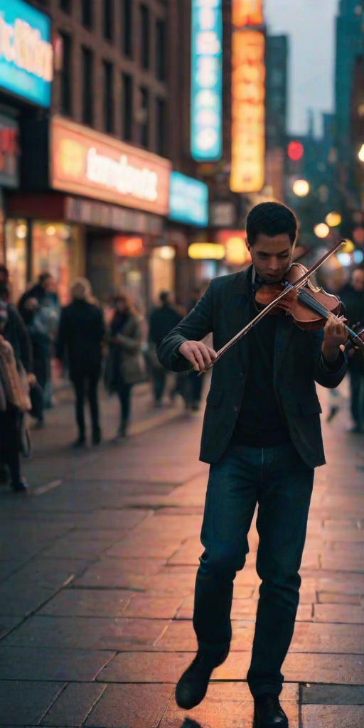 Blurry candid shot of a street musician playing a violin on a busy city corner at dusk, soft light from neon signs reflecting off nearby buildings, with passersby softly blurred in motion.