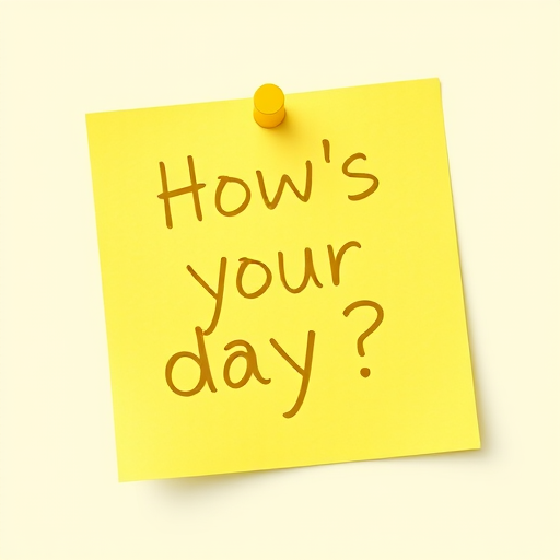 Yellow post-it note, hand written in Yellow pen text "How's your day??", 3d, hd, hyper realistic,