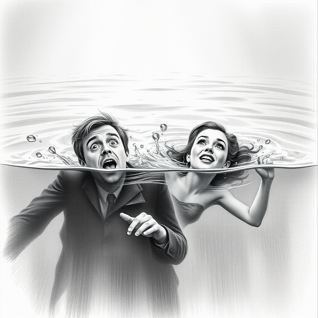 A hyperdetailed photorealistic black and white pencil sketch recreating the iconic scene at the end of Titanic with Jack and Rose floating in the water, only show them making exaggerated funny faces at the camera. Show Rose spitting water at the camera.