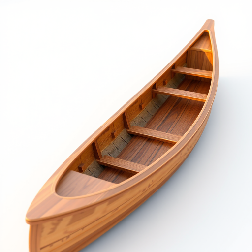 Create a high-quality 3D rendering of a wooden canoe with rich, warm colors, using a Canon EOS R5 with a 50mm f/1.2 lens, aperture set to f/8 for sharpness, low ISO at 100 to reduce noise, with soft, diffused lighting to highlight the texture and reflections, viewed from a slightly elevated angle to emphasize the canoe's sleek lines.