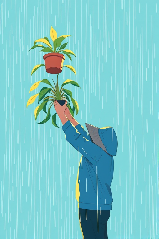 Create an illustration of a person standing in the rain, holding up a potted plant, wearing a hat, with a light teal background, soft focus, using a Canon EOS R5 camera with a 50mm lens, aperture f/1.8, shutter speed 1/250s, and ISO 200 for vibrant colors and depth of field.