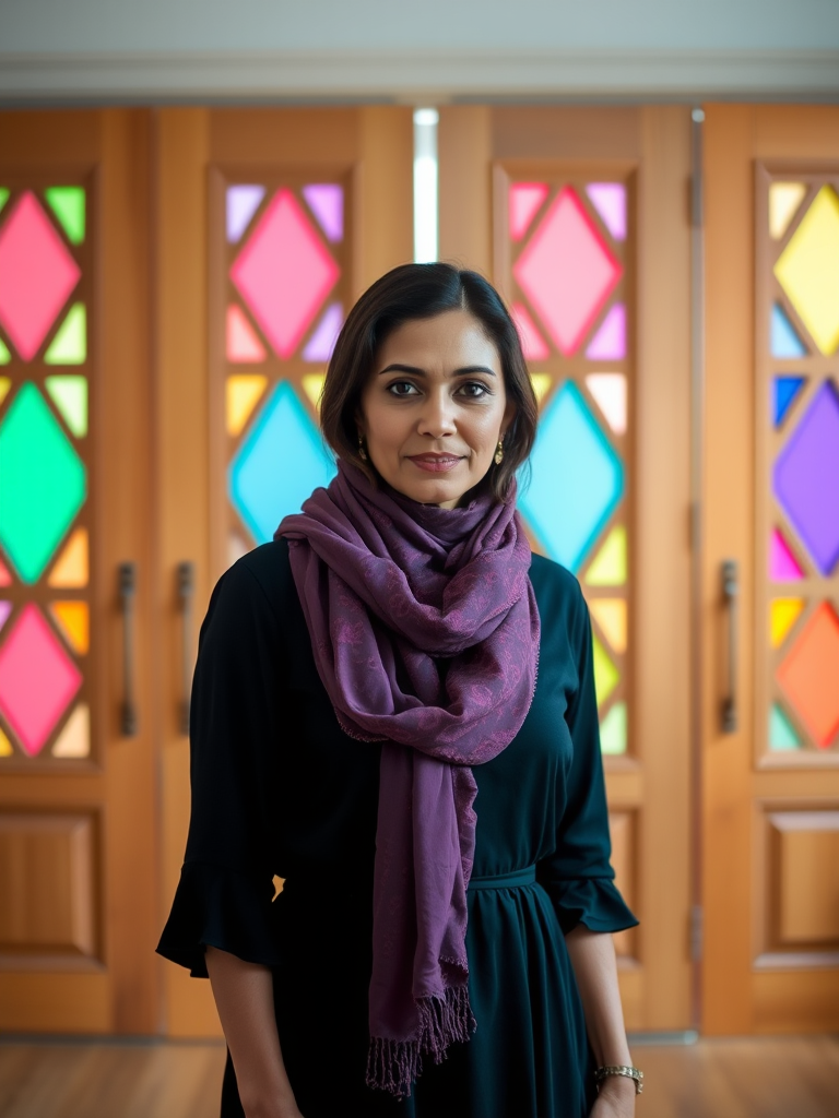 Capture a portrait of a woman in a black dress with a purple scarf, standing in a well-lit room with wooden doors featuring colorful diamond-shaped windows, use a Canon EOS R5, 50mm lens, f/1.8, ISO 100, natural light, soft focus, and warm tones.